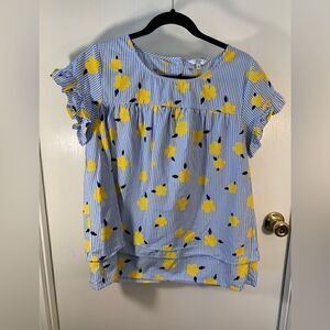 Crown & Ivy EUC blue/white striped yellow floral tiered blouse Size medium